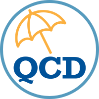 Icon of the letters QCD with a beach umbrella